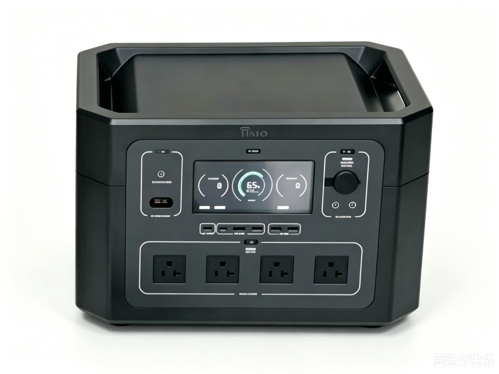 If it's an outdoor power supply for camping, you could use "Black portable power station 500Wh with solar charging port, front view". This includes key features like capacity and solar function, which are relevant for potential buyers searching for outdoor power solutions. Does this product have any standout features you'd like to highlight instead